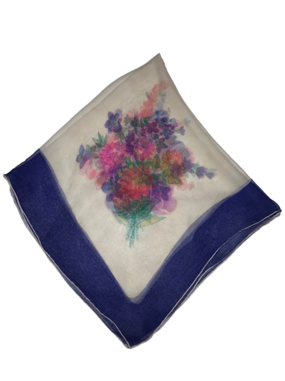 Women's Unbranded White & Blue Floral Pure Silk Chiffon Scarf One Size